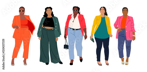 Set of Modern curvy women wearing colorful fashionable smart casual office outfit. Vector realistic illustration of diverse multiracial standing cartoon plus size girls Isolated