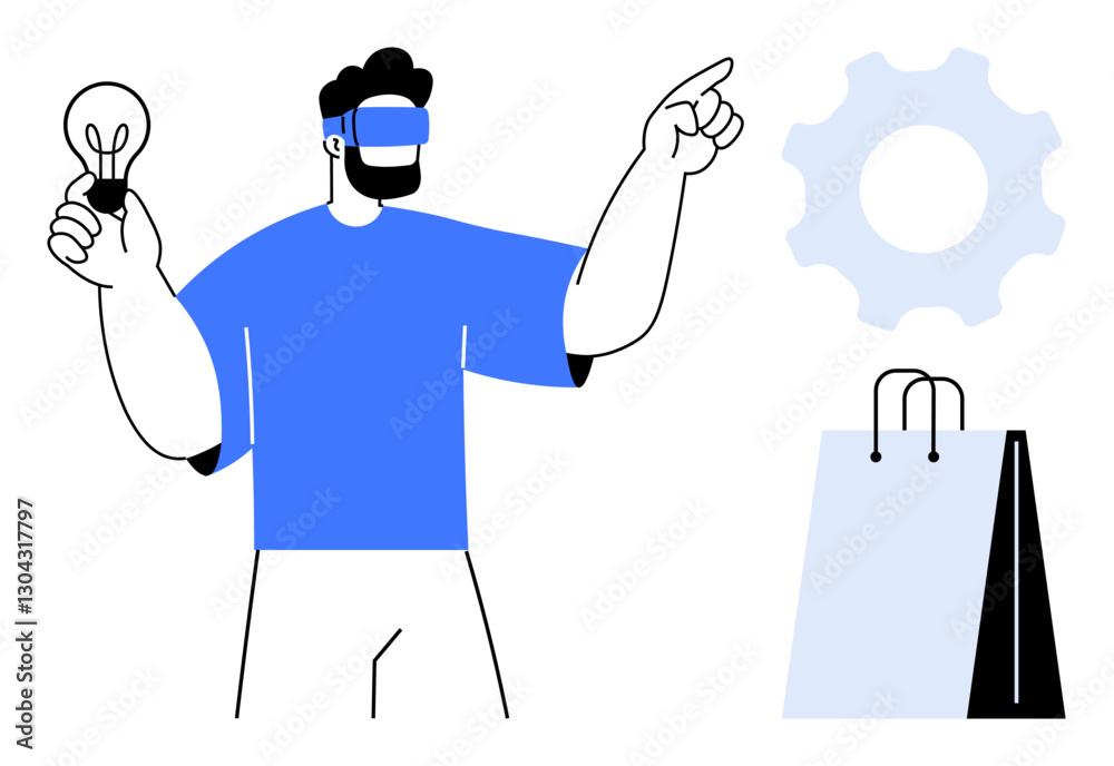 Man wearing VR headset holding lightbulb and pointing at gear icon alongside shopping bag. Ideal for technology, innovation, e-commerce, virtual experience, digital transformation, creativity Man wearing VR headset holding lightbulb and pointing at gear icon alongside shopping bag. Ideal for technology, innovation, e-commerce, virtual experience, digital transformation, creativity
