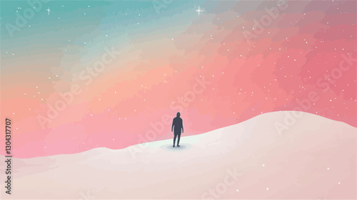 The image is a digital illustration or artwork depicting a minimalist scene. A single dark silhouette of a person stands on a snow-covered hill against a large, pastel-colored sky. The sky