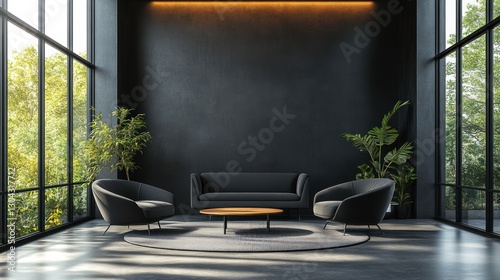 Dark modern lounge, large windows, green foliage, waiting area, interior design