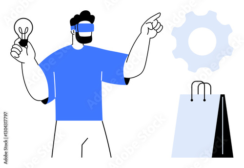Man wearing VR headset holding lightbulb and pointing at gear icon alongside shopping bag. Ideal for technology, innovation, e-commerce, virtual experience, digital transformation, creativity