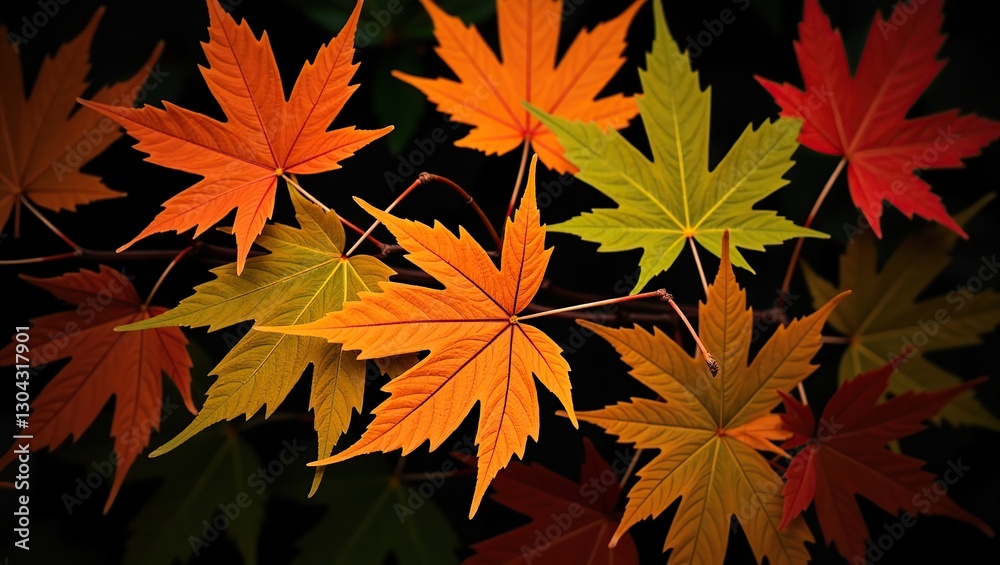 Vibrant Maple Leaves in Autumn Colors, Green, Yellow, Orange, and Red on Dark Background Vibrant Maple Leaves in Autumn Colors, Green, Yellow, Orange, and Red on Dark Background
