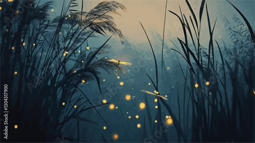 The image is a stylized digital painting depicting a nighttime scene in a field of tall grass. The grass is rendered in dark blues and greens, with individual blades visible. Numerous