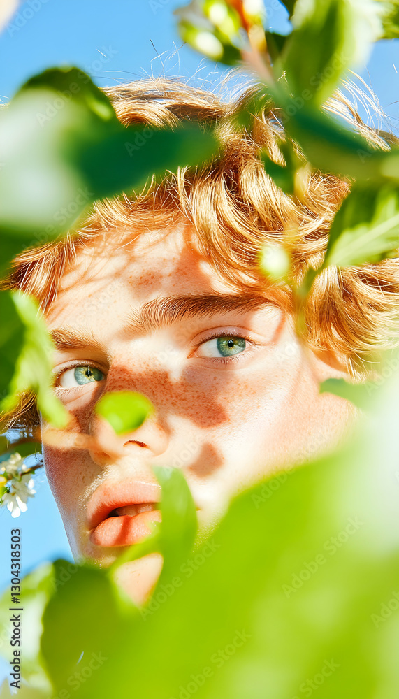 Youthful face peeking through orchard blossoms Youthful face peeking through orchard blossoms
