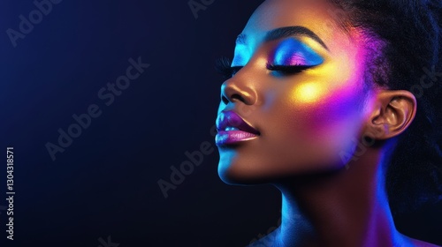 Woman with iridescent makeup in vibrant lighting
