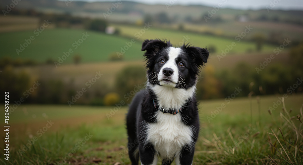 Border Collie Puppy with Alert Mood Standing Against Blurred Countryside Background Border Collie Puppy with Alert Mood Standing Against Blurred Countryside Background