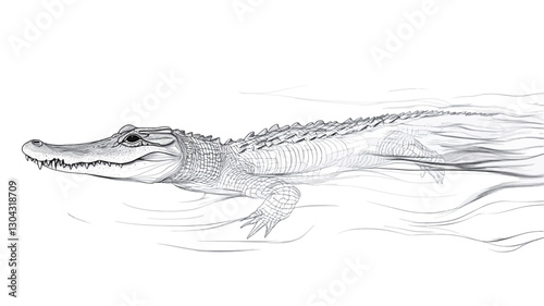 A grayscale sketch depicting a crocodile swimming. The drawing utilizes motion blur to illustrate the animal's movement through the water.  The style is realistic, focusing on the animal's