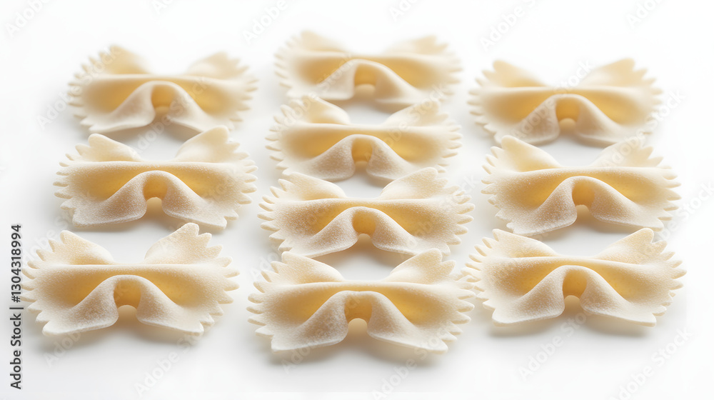 A bright, high-resolution image of farfalle pasta laid out symmetrically on a white surface, showcasing the even spacing and neat arrangement. A bright, high-resolution image of farfalle pasta laid out symmetrically on a white surface, showcasing the even spacing and neat arrangement.