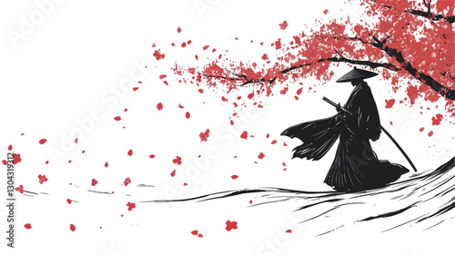 The image is a digital illustration or painting featuring a minimalist silhouette of a person in a long robe and conical hat, holding a staff, standing under a cherry blossom tree. The tree