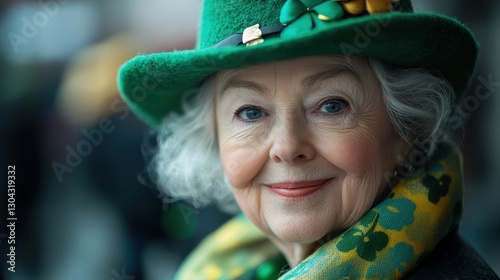 A radiant elderly lady, adorned in a vibrant green hat and an Irish-themed scarf, her eyes twinkling with mischief and a hint of warmth, radiated an aura of joy and charm.
