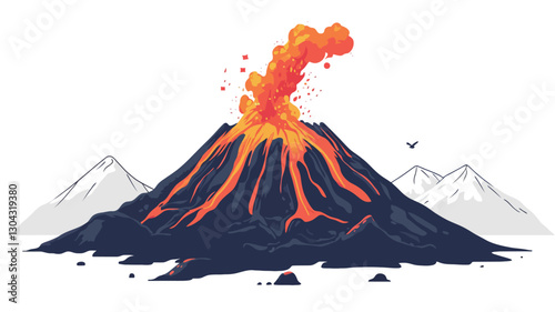 A stylized illustration depicting a volcano in eruption. The volcano is centrally positioned and rendered with dark blue and black tones for the main body, contrasting with vibrant orange