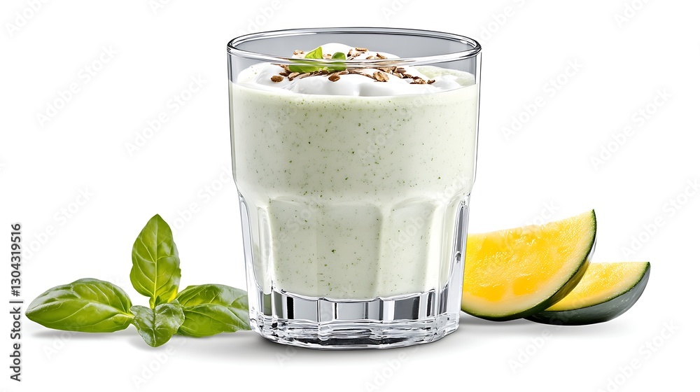 Refreshing Green Smoothie with Basil Melon and Yogurt in Glass Refreshing Green Smoothie with Basil Melon and Yogurt in Glass