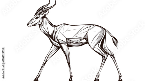 A line drawing of an antelope depicted in profile view, walking to the right.  The style is minimalist, using varying line weights to suggest form and musculature.  The image is rendered in