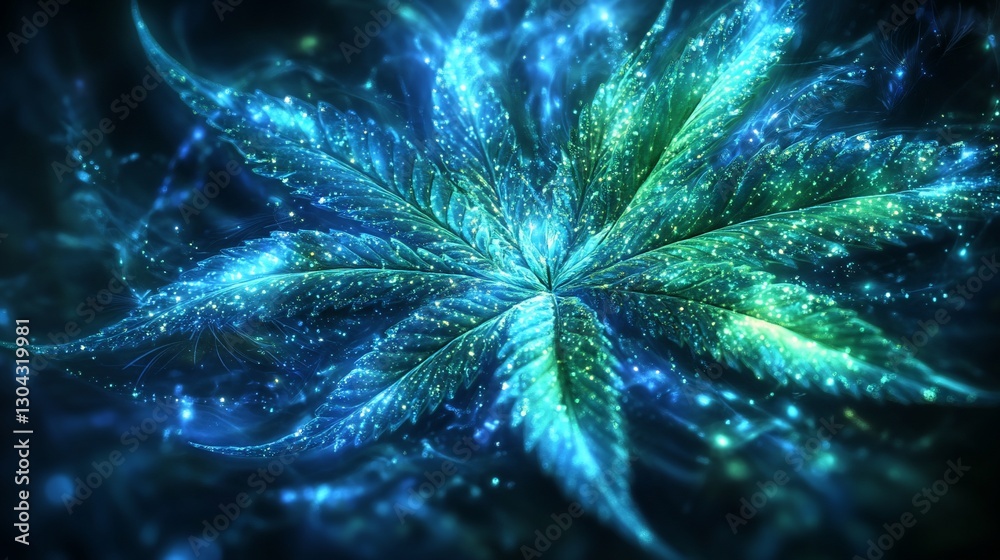 Fototapeta premium Abstract glowing cannabis flower, dark background, digital art, for design