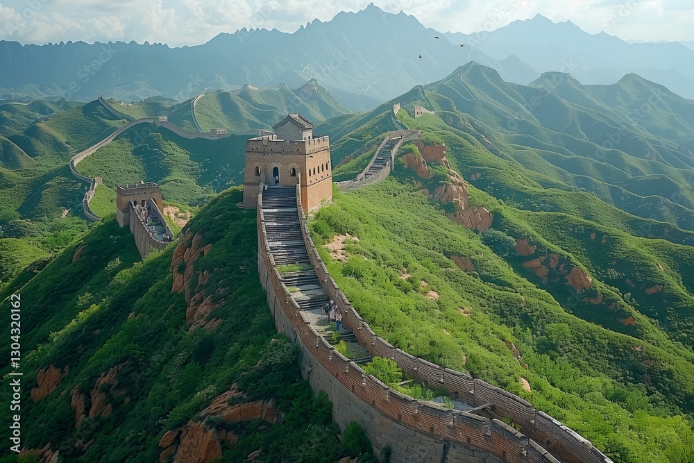 Fototapeta premium The Wall winding through lush green mountains under a sunny sky, showcasing its historic architecture and stunning natural surroundings