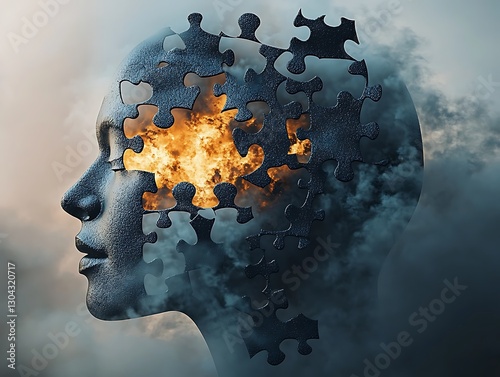Puzzle Head, Fire, Mind, Clouds