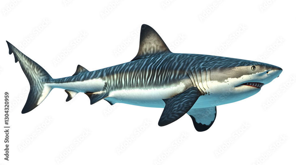 Obraz premium Tiger shark swimming in crystal-clear waters, relentless ocean hunter, cut out on transparent background