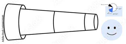 Telescope representing vision beside pie chart for analysis and happy face symbolizing optimism. Ideal for strategy, vision, exploration, analytics, positivity, planning, future concepts. Flat simple