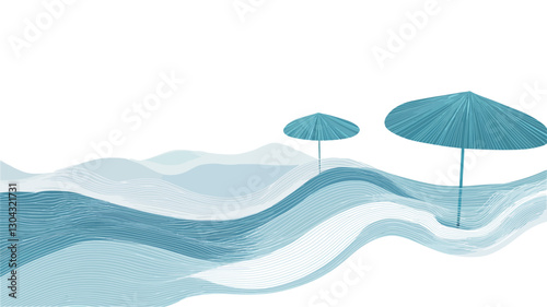 Digital illustration depicting a minimalist beach scene. The background features stylized, wavy lines representing water in shades of light and medium blue. Two small, stylized umbrellas,