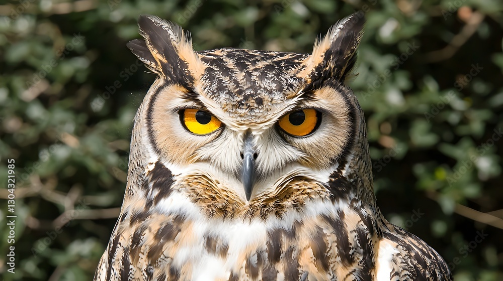 Fototapeta premium Close-Up Portrait of a Majestic Owl with Intense Yellow Eyes and Intricate Feather Patterns