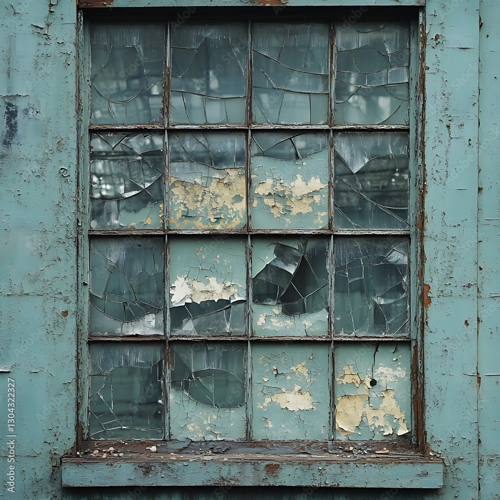 Naklejka premium Distressed Abandoned Window with Multiple Shattered Panes and Peeling Paint Detailed Close Up View