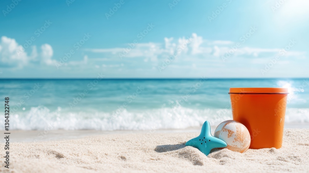 Captured at a beach, a vibrant bucket and starfish sit atop golden sand, drawing on nostalgia and the exciting memories of childhood beach adventures and play. Captured at a beach, a vibrant bucket and starfish sit atop golden sand, drawing on nostalgia and the exciting memories of childhood beach adventures and play.