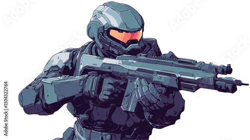 Digital illustration of an armored soldier wielding an assault rifle. The soldier is depicted from the knees up, in a dynamic three-quarter view. The artwork is rendered in a stylized,