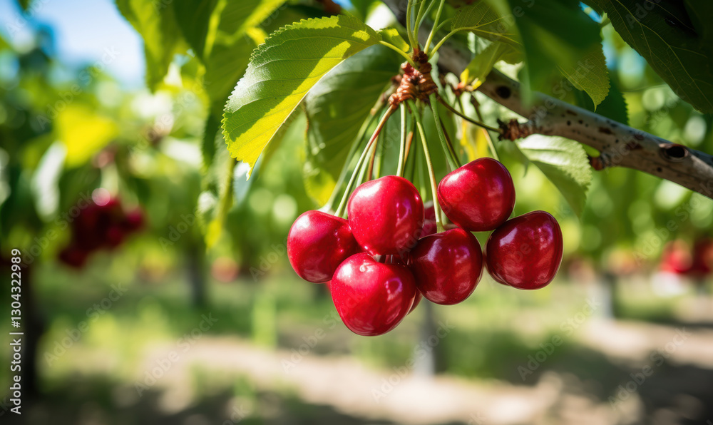 Obraz premium A bunch of red cherries hanging from a tree