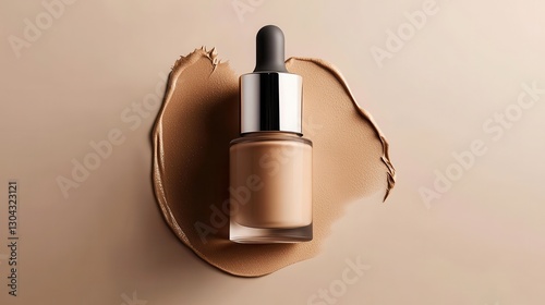 A sleek beige foundation bottle, topped with a silver dropper, sits poised on a neutral background, ready to dispense its magic.