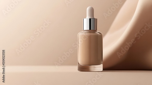 A sleek beige foundation bottle, topped with a silver dropper, sits poised on a neutral background, ready to dispense its magic.