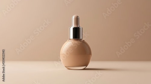 A sleek beige foundation bottle, topped with a silver dropper, sits poised on a neutral background, ready to dispense its magic.