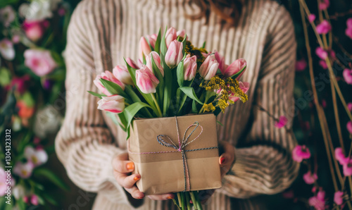 A woman is holding a brown box with pink flowers in it