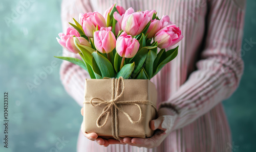 A woman is holding a brown box with pink flowers in it
