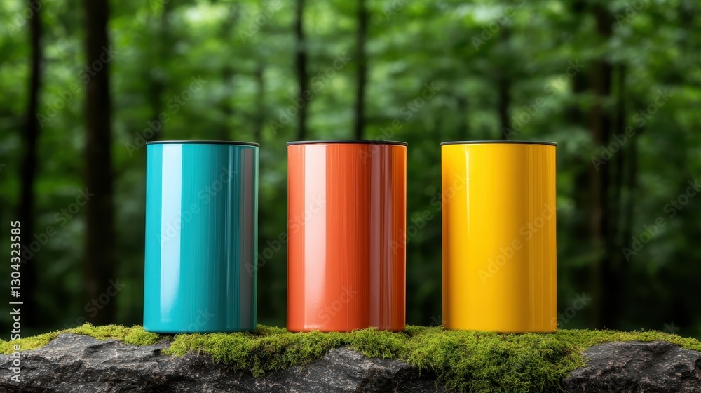 Three vibrant, cylindrical containers in teal, orange, and yellow are artistically displayed on a mossy log, framed by a lush green forest backdrop, evoking nature's beauty. Three vibrant, cylindrical containers in teal, orange, and yellow are artistically displayed on a mossy log, framed by a lush green forest backdrop, evoking nature's beauty.