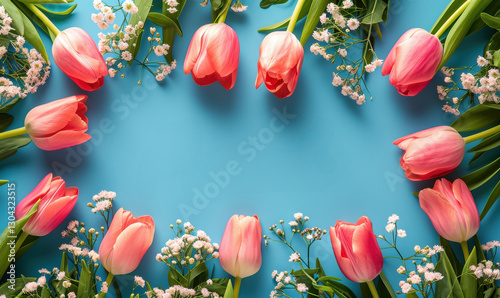 A blue background with a row of pink flowers and white flowers