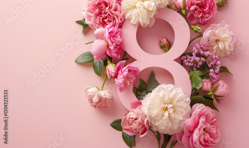 A pink background with flowers and a number 8 in the middle