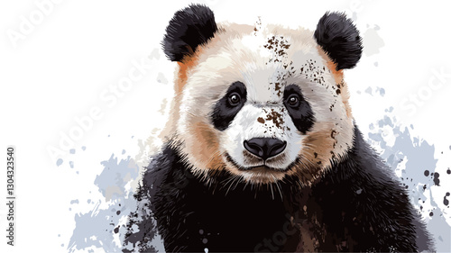 Close-up portrait of a giant panda rendered in a watercolor style. The panda is centrally positioned, facing the viewer, with a gentle expression.  The image features distinct black and