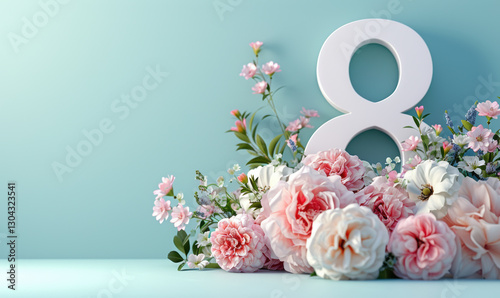 A white number 8 is surrounded by a bed of pink flowers