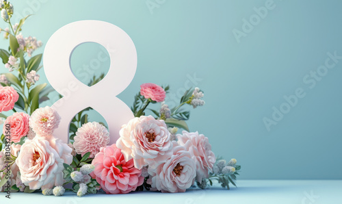 A white number 8 is surrounded by pink flowers