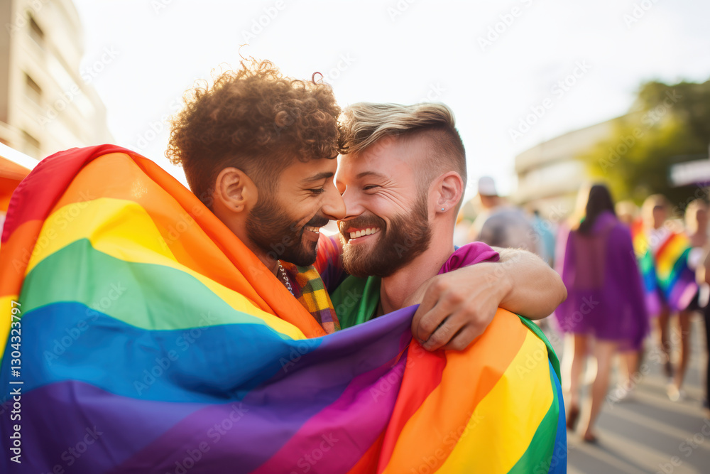 Two men are hugging each other while holding a rainbow flag Two men are hugging each other while holding a rainbow flag