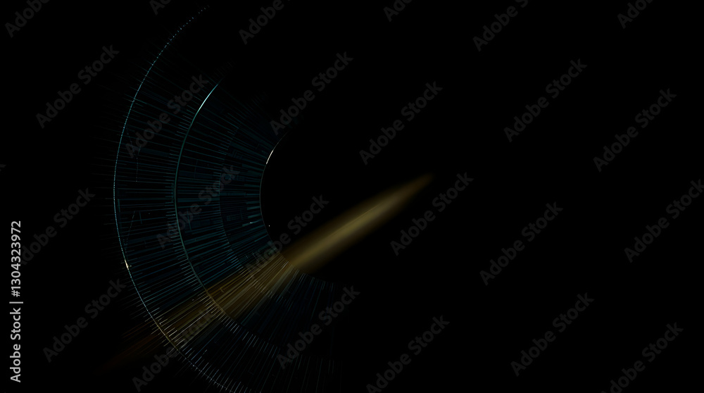 Naklejka premium A dark image with a glowing, abstract shape on the left, featuring a curved structure and a streak of light, against a black background.