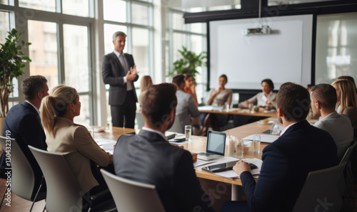 A group of people are sitting around a table in a conference room