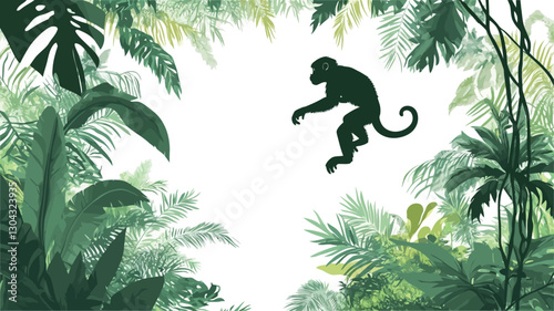 The image is a stylized illustration depicting a dark silhouette of a monkey in mid-leap against a bright, white background. The monkey is centrally positioned, surrounded by lush, green