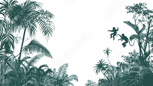 The image is a stylized illustration depicting a tropical jungle scene in shades of teal and turquoise.  The composition features lush foliage, including palm trees and banana trees,