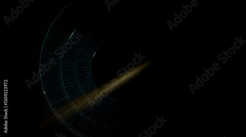 A dark image with a glowing, abstract shape on the left, featuring a curved structure and a streak of light, against a black background.