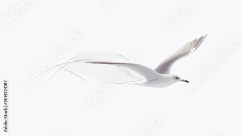 The image shows a white seagull in flight against a pure white background.  The seagull is sharply focused in the center, with a subtle motion blur effect on its wings suggesting movement.