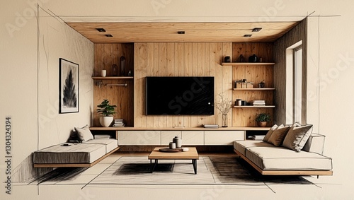 Sketch of living room with wood wall and shelves. Room has couches, table, television and art.