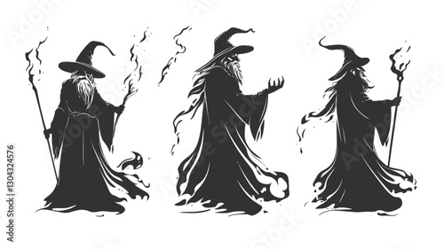 The image contains three stylized silhouettes of wizards.  Each wizard is depicted in a flowing robe with a pointed hat and staff. The style is minimalist and uses only black and white