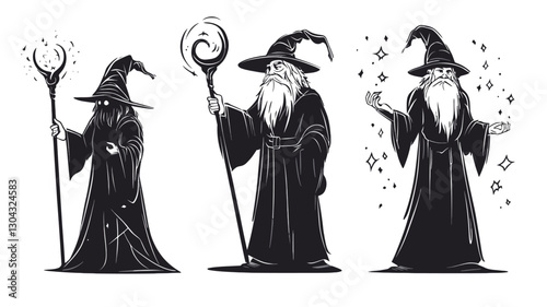 The image contains a digital illustration depicting three wizards in varying poses.  Each wizard is rendered in a monochromatic style with black and white values, creating a strong