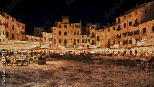 Lucca, Tuscany, Italy: Impressionist oil painting depicting a night view of the ancient elliptical Amphitheater square in the old town of the medieval city